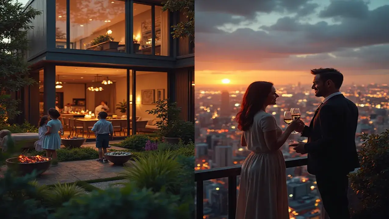 Comparação visual entre morar em casa e apartamento de alto padrão, mostrando uma cena familiar no jardim e um casal na varanda com vista para a cidade.