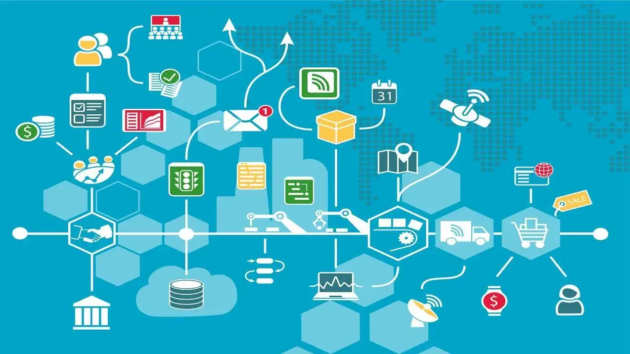 Infográfico azul de um ecossistema digital, ilustrando as modernas Técnicas de Venda de Imóveis Avançadas.