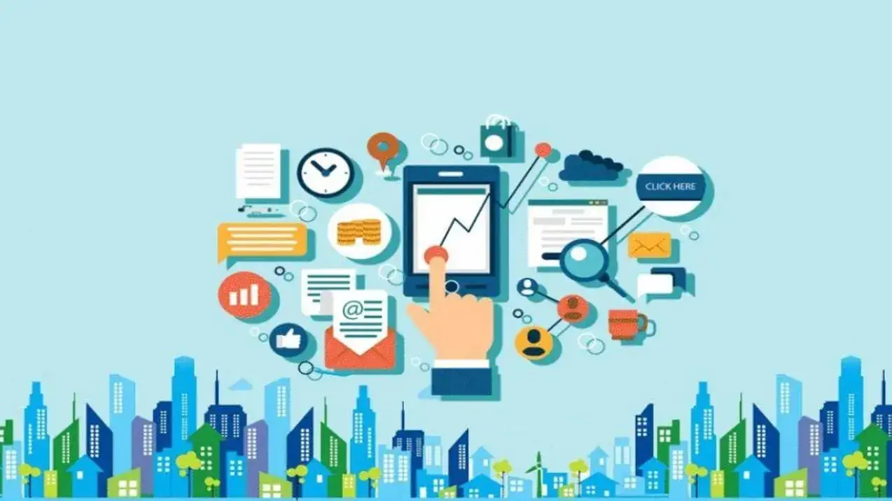 Cenário digital com ícones e celular exibindo um gráfico de sucesso para a divulgação do imóvel, simbolizando crescimento.
