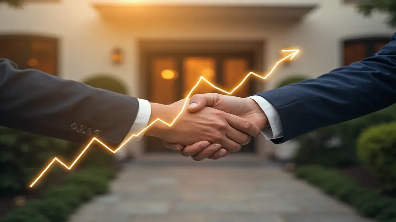 Aperto de mãos entre dois corretores de imóveis sela um negócio, com um gráfico de linha ascendente dourado simbolizando o sucesso financeiro e a comissão por venda.
