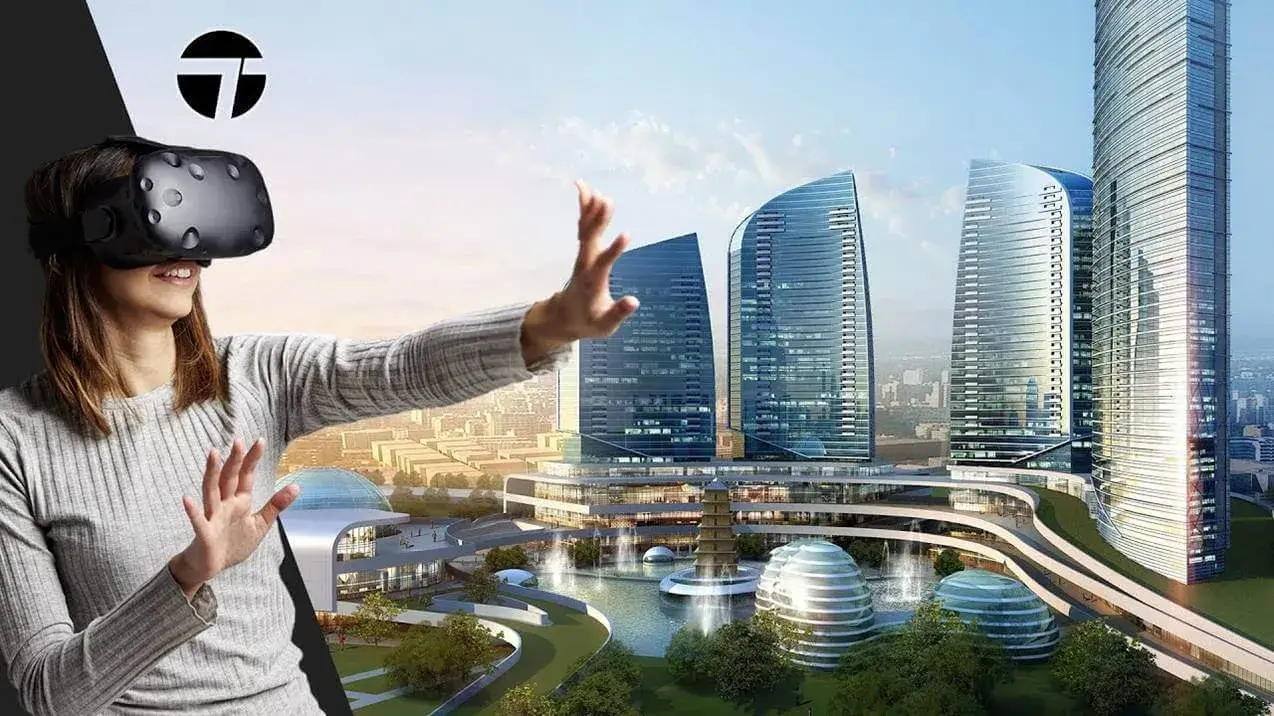 Mulher fascinada interage com uma cidade futurista em uma experiência imersiva usando um óculos VR de realidade aumentada.