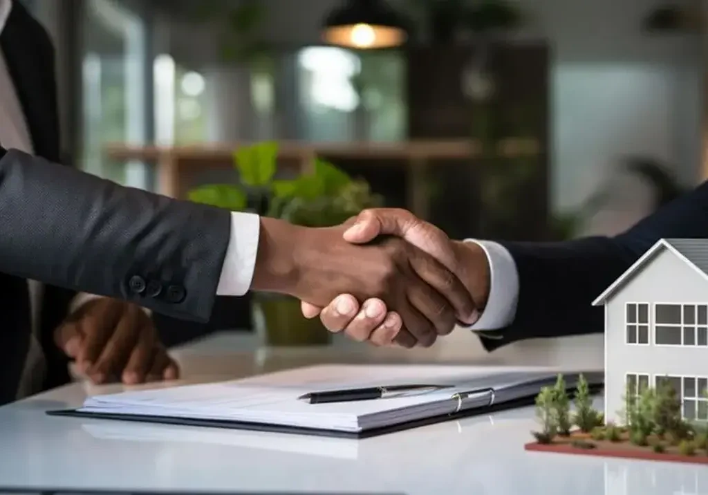 Corretor e cliente selam acordo com aperto de mão. Na mesa, maquete de casa. Construindo relacionamentos sólidos para o sucesso.