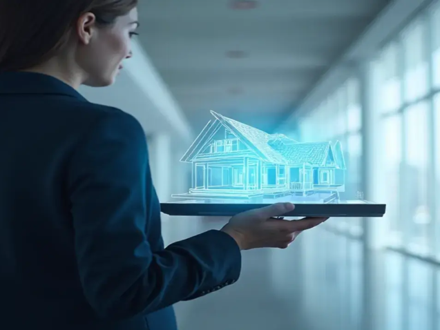 Corretora de imóveis moderna segurando um tablet que projeta um holograma azul de uma casa, simbolizando a tecnologia e o futuro da carreira imobiliária.