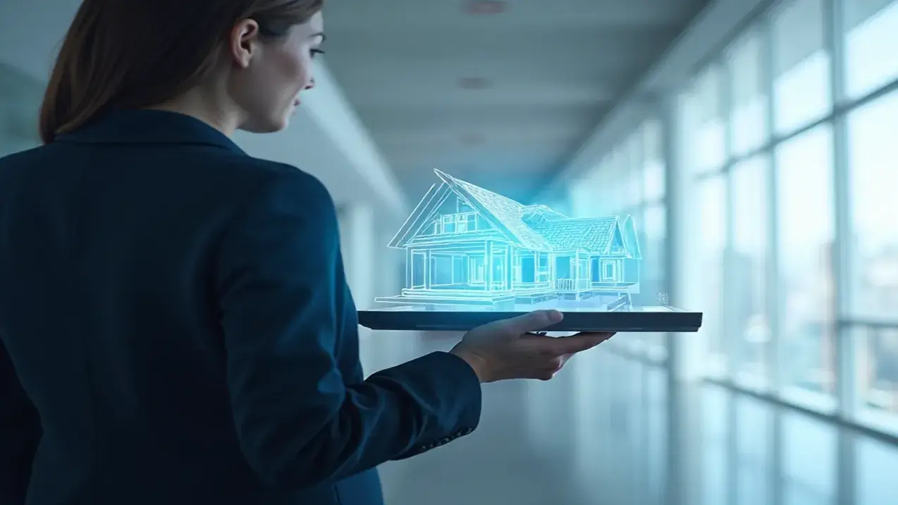 Corretora de imóveis moderna segurando um tablet que projeta um holograma azul de uma casa, simbolizando a tecnologia e o futuro da carreira imobiliária.