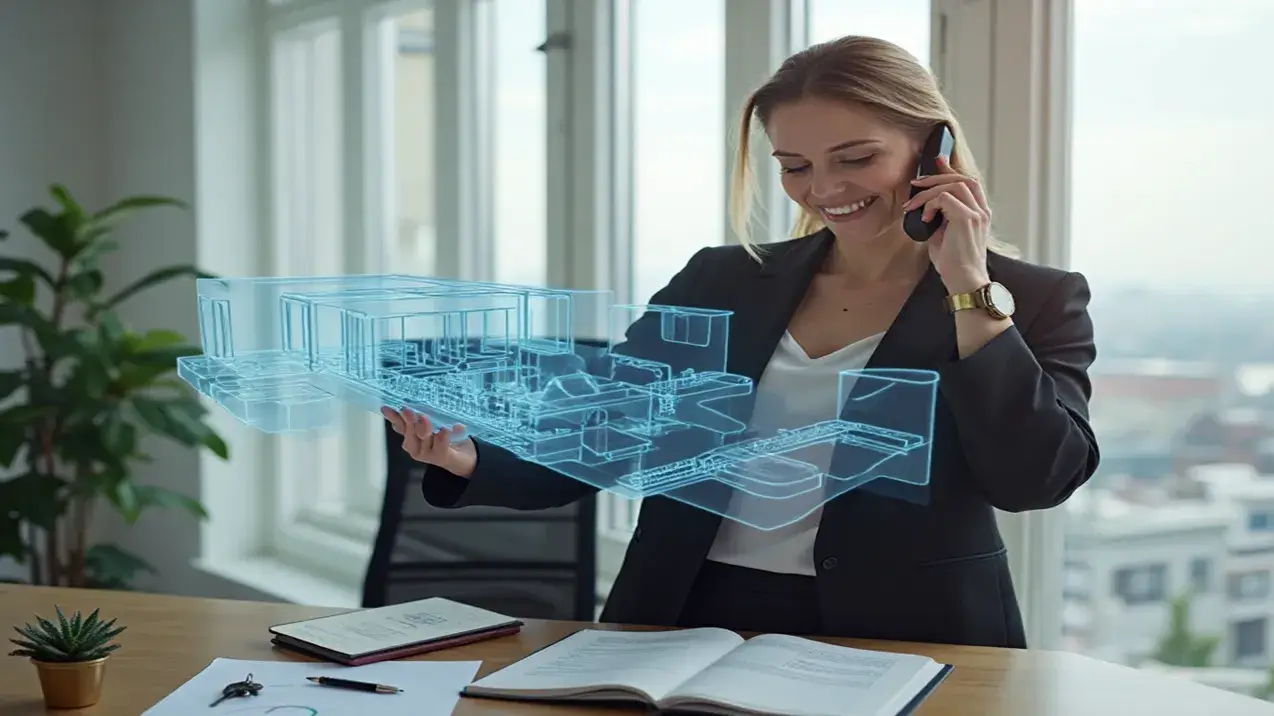 Corretora de imóveis moderna em seu escritório, prestando consultoria por telefone enquanto analisa um holograma 3D da planta baixa de um imóvel, representando a tecnologia no dia a dia da profissão.