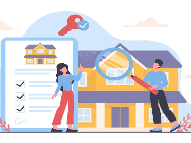 Ilustração de casal com checklist e lupa analisando os Documentos para Compra e Venda de Imóveis em frente a uma casa.
