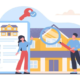 Ilustração de casal com checklist e lupa analisando os Documentos para Compra e Venda de Imóveis em frente a uma casa.