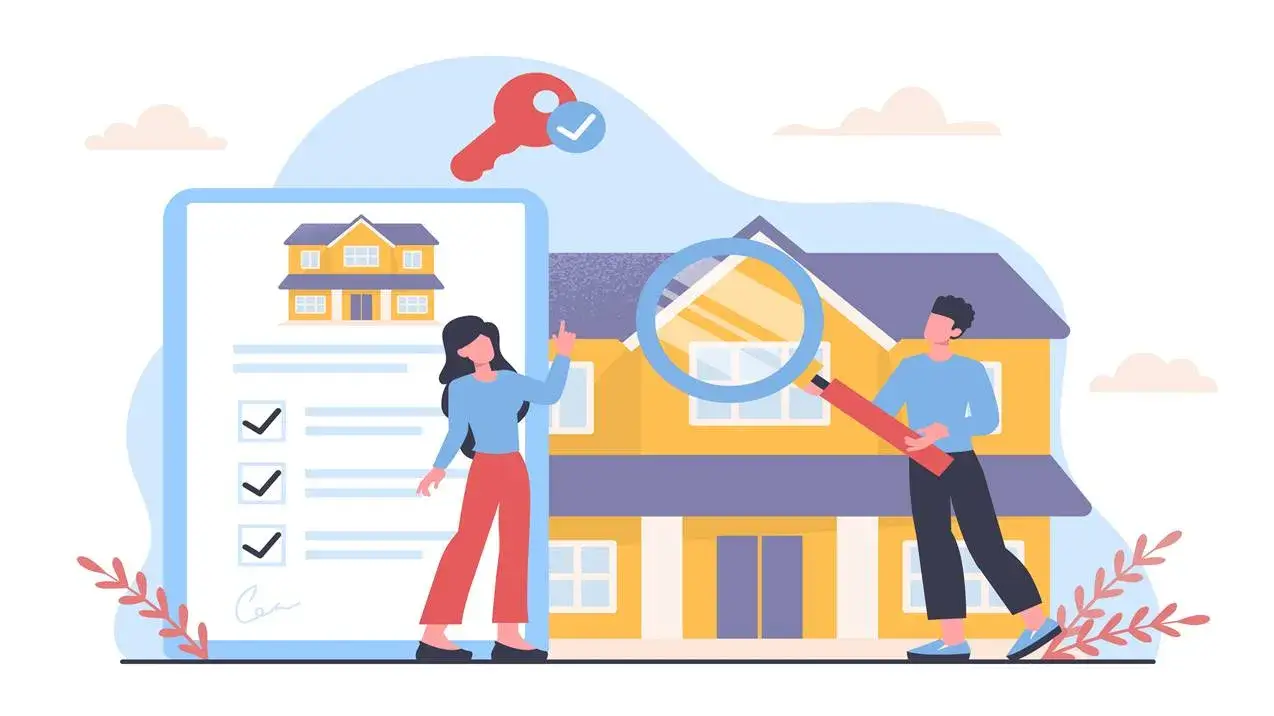 Ilustração de casal com checklist e lupa analisando os Documentos para Compra e Venda de Imóveis em frente a uma casa.