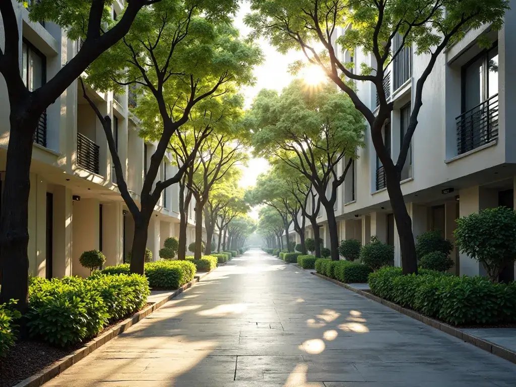 Fachada de prédios residenciais em uma rua arborizada no Jardim América, representando o custo de moradia em Goiânia.