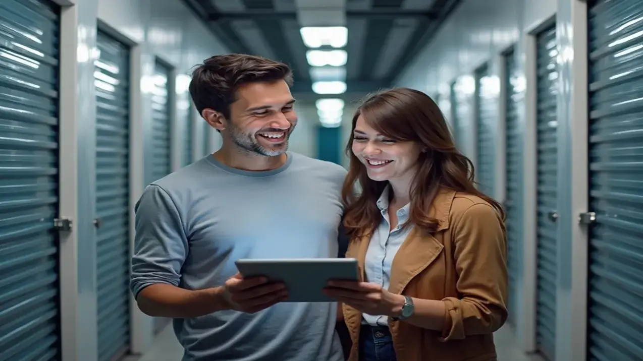 Casal satisfeito analisa em um tablet os preços e o custo-benefício do serviço de guarda móveis em um corredor de Self Storage em Goiânia.