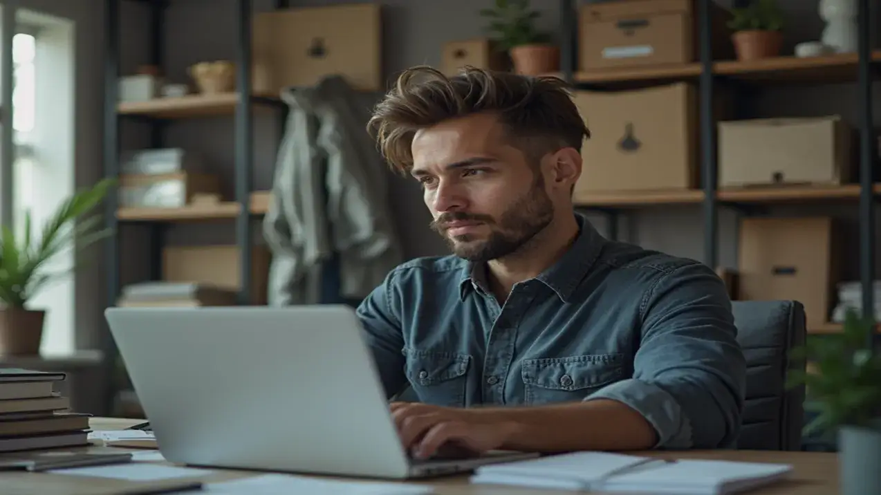 Dono de e-commerce em Goiânia usa um checklist em seu laptop para escolher a melhor solução de guarda estoque para seus produtos.