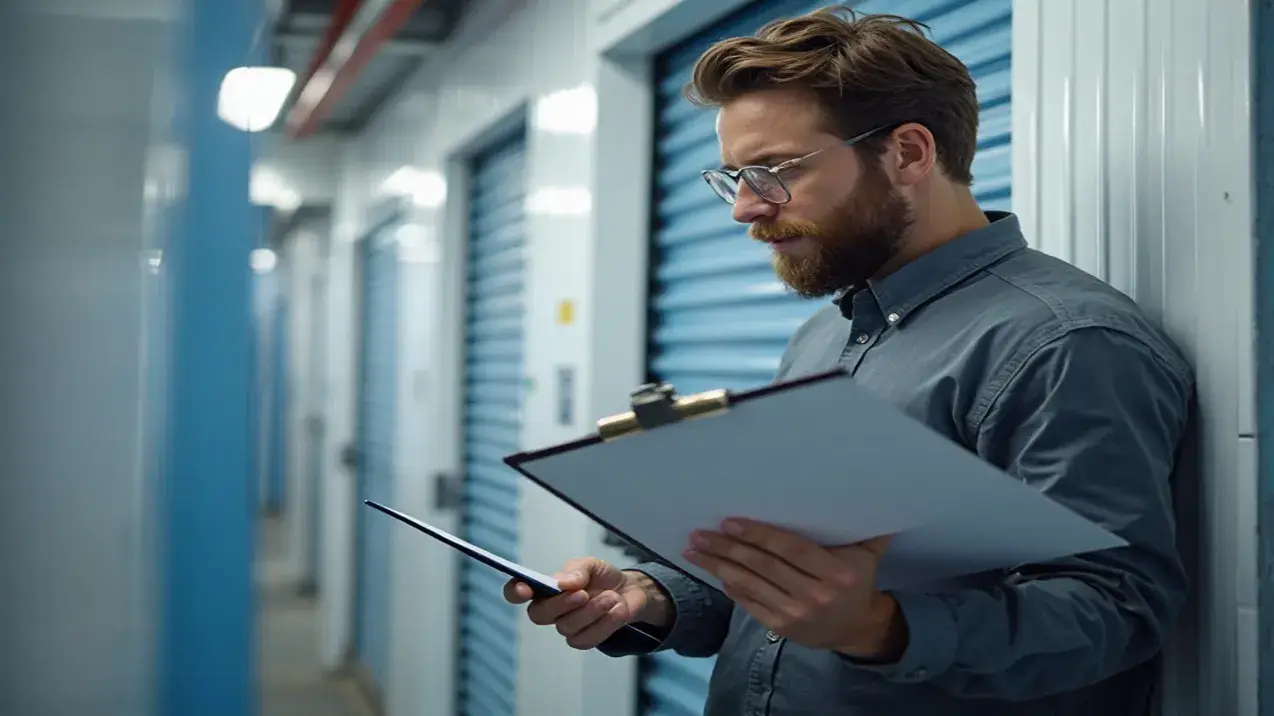 Homem focado usando checklist em prancheta para avaliar os critérios de uma empresa de self storage em um corredor em Goiânia.