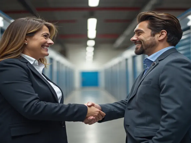 Gerente de self storage em Goiânia e cliente apertam as mãos, fechando um acordo com confiança em um corredor de boxes de metal azul.