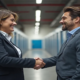 Gerente de self storage em Goiânia e cliente apertam as mãos, fechando um acordo com confiança em um corredor de boxes de metal azul.
