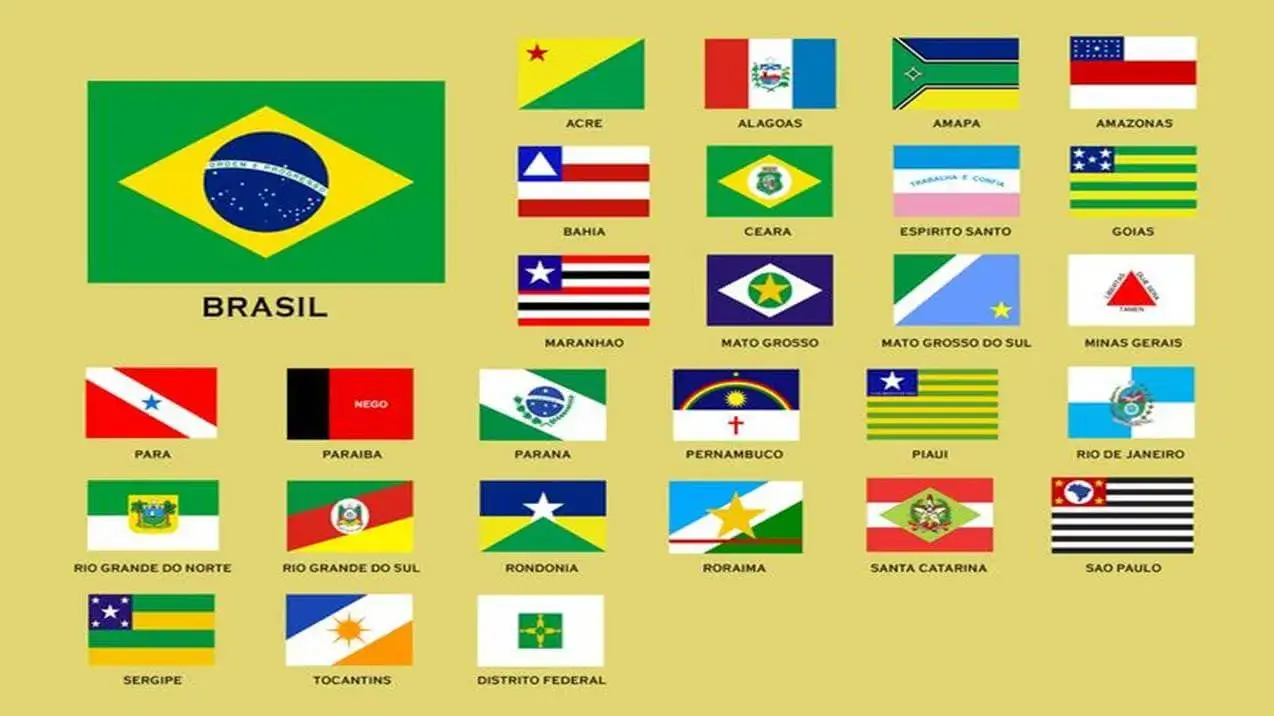 Grade com as 27 bandeiras do Brasil e seus nomes. Saiba qcomo tirar o cresci em diferentes estados da federação.