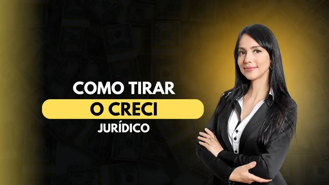 Mulher de terno em anúncio sobre comotirarocrecijuridico. Ao fundo, maços de dinheiro simbolizando sucesso profissional.