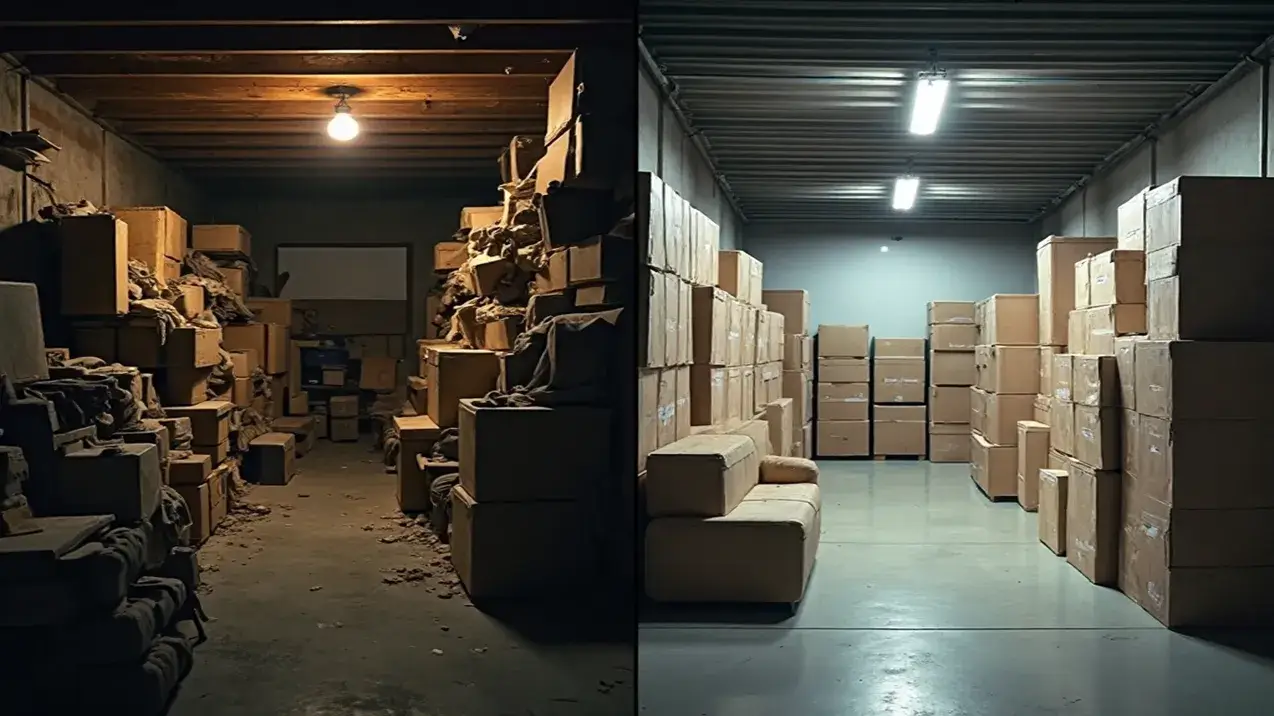 Comparativo visual mostrando um depósito bagunçado e escuro à esquerda e um box de Self Storage limpo e organizado à direita.