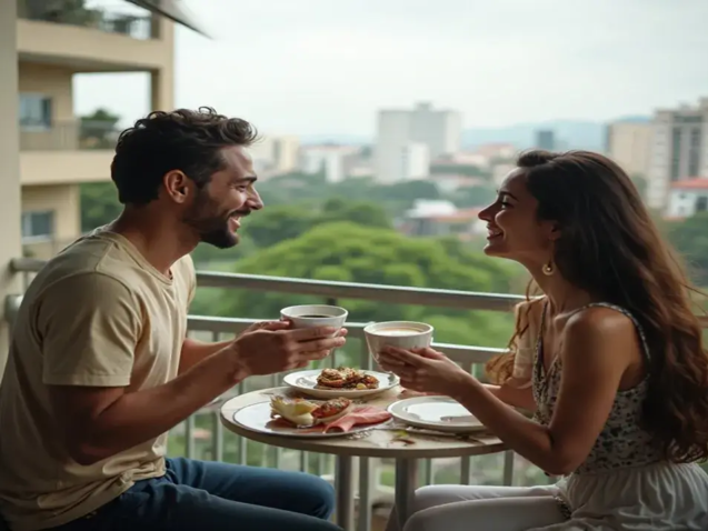 Casal aproveitando a vista da varanda de um apartamento no Setor Bueno, ilustrando o bom custo de vida em Goiânia
