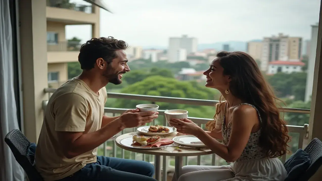 Casal aproveitando a vista da varanda de um apartamento no Setor Bueno, ilustrando o bom custo de vida em Goiânia