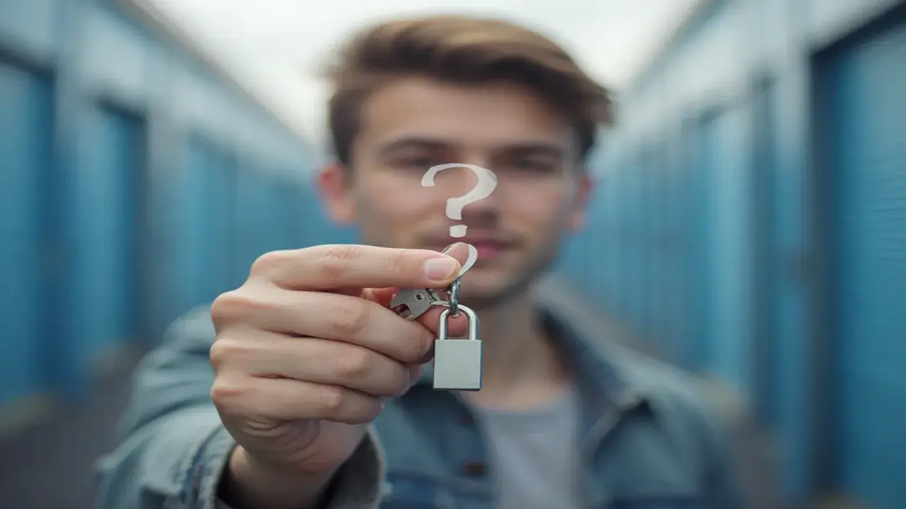Homem com expressão pensativa segura chave de self storage com um ponto de interrogação, ilustrando as dúvidas frequentes (FAQ).