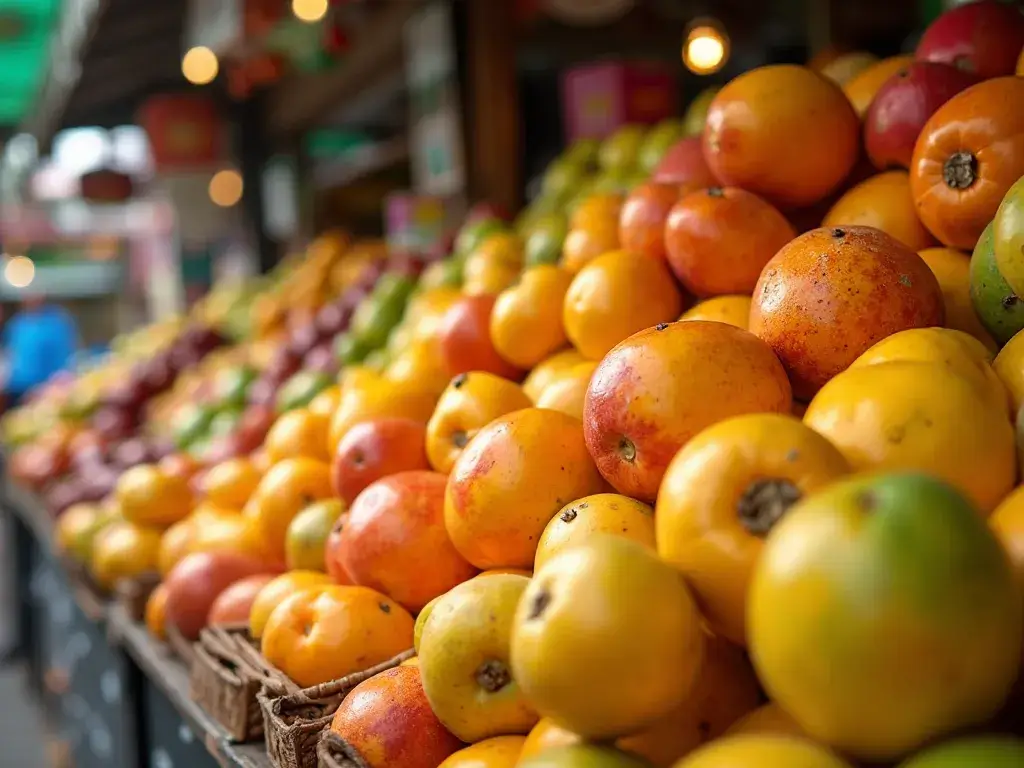 Banca de frutas frescas em uma feira livre de Goiânia, ilustrando o custo com alimentação na cidade.