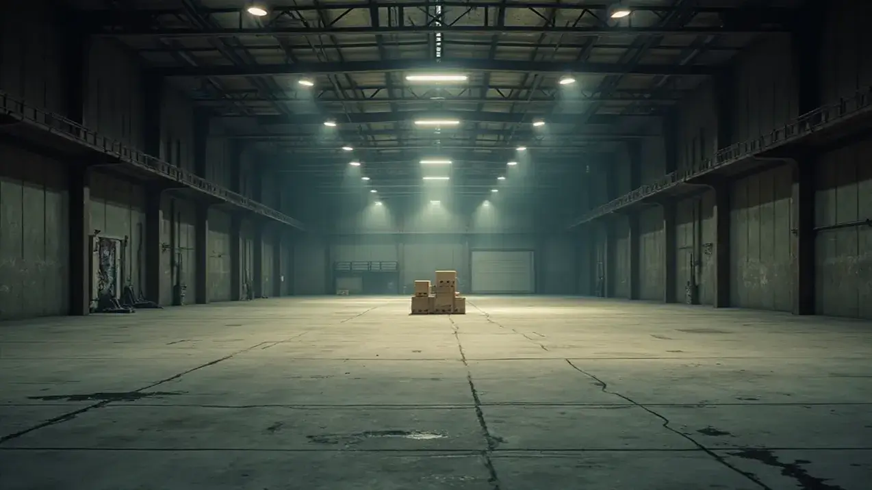 Imagem de um galpão industrial grande e mal iluminado, com uma pequena pilha de caixas isolada no centro, ilustrando o alto custo fixo e a ineficiência do aluguel tradicional para guarda estoque de e-commerce em Goiânia.