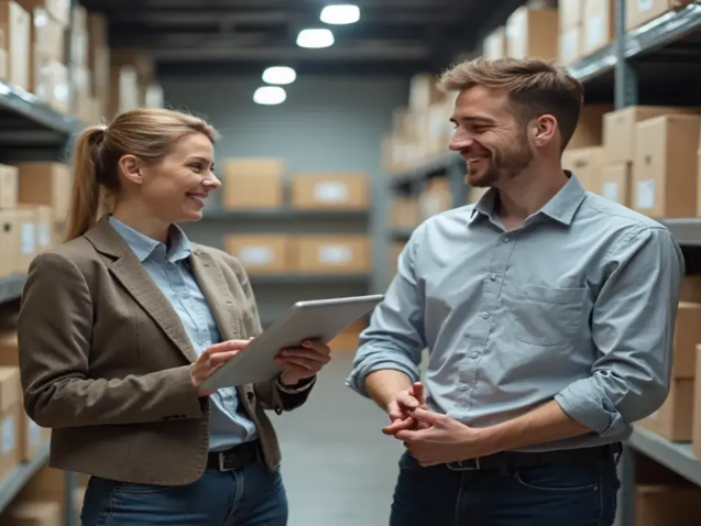 Casal de empreendedores de Goiânia satisfeitos gerenciando o estoque de seu e-commerce em um depósito organizado com prateleiras e um tablet.