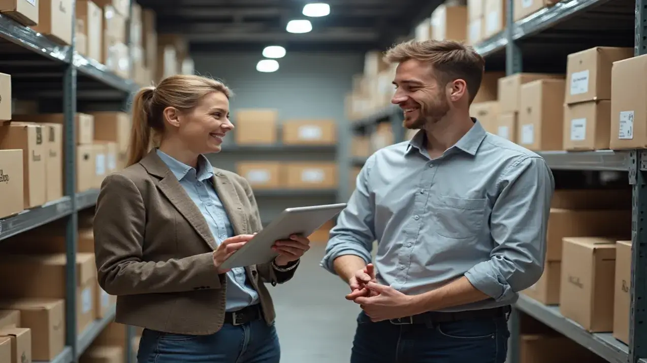 Casal de empreendedores de Goiânia satisfeitos gerenciando o estoque de seu e-commerce em um depósito organizado com prateleiras e um tablet.