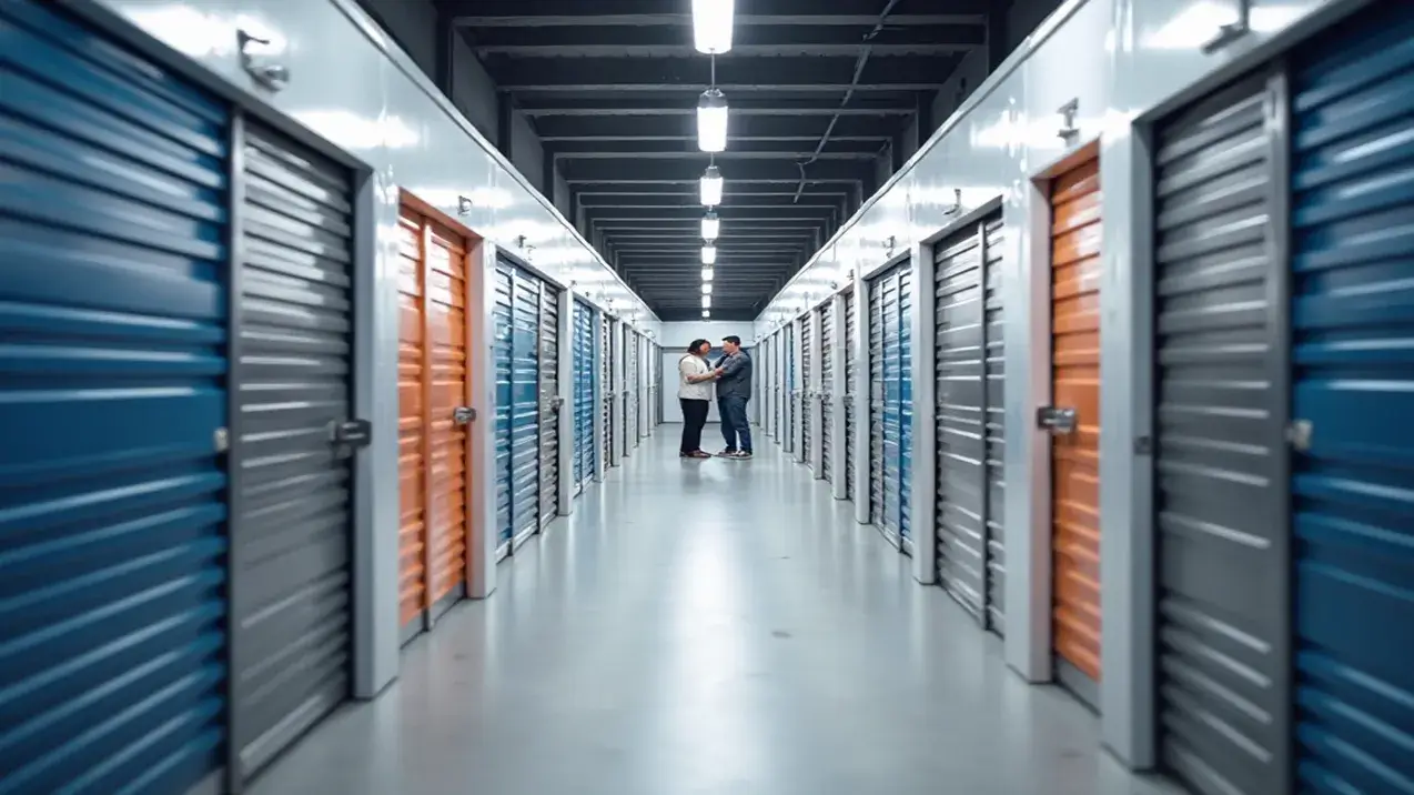 Corredor de self storage moderno em Goiânia com portas de metal limpas e coloridas, representando o panorama do mercado local.