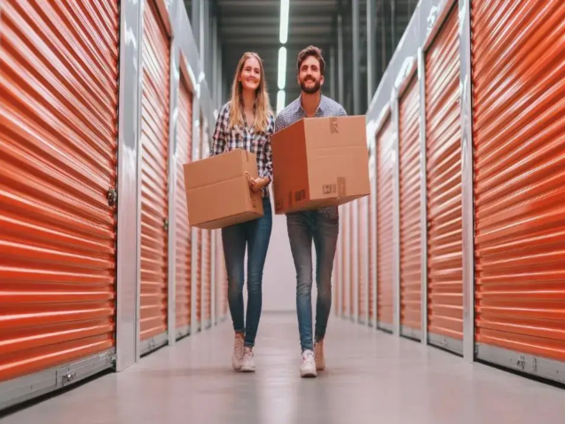 Jovem casal sorridente carrega caixas em um corredor de self storage com boxes laranja. Solução de guarda móveis.