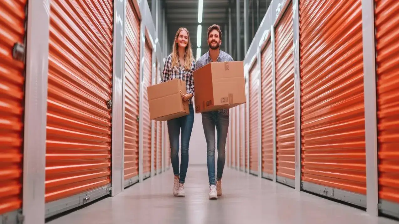 Jovem casal sorridente carrega caixas em um corredor de self storage com boxes laranja. Solução de guarda móveis.