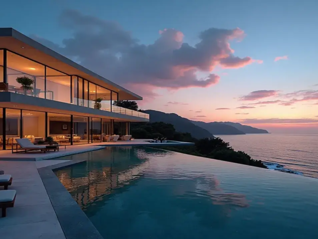 Casa de luxo contemporânea com piscina de borda infinita debruçada sobre o mar ao pôr do sol, exemplificando o conceito de imóvel de luxo que une arquitetura e natureza.