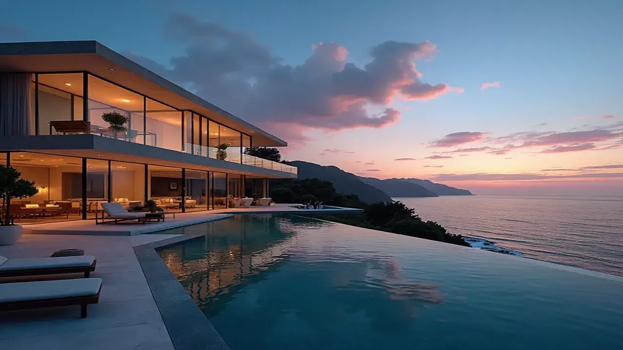 Casa de luxo contemporânea com piscina de borda infinita debruçada sobre o mar ao pôr do sol, exemplificando o conceito de imóvel de luxo que une arquitetura e natureza.