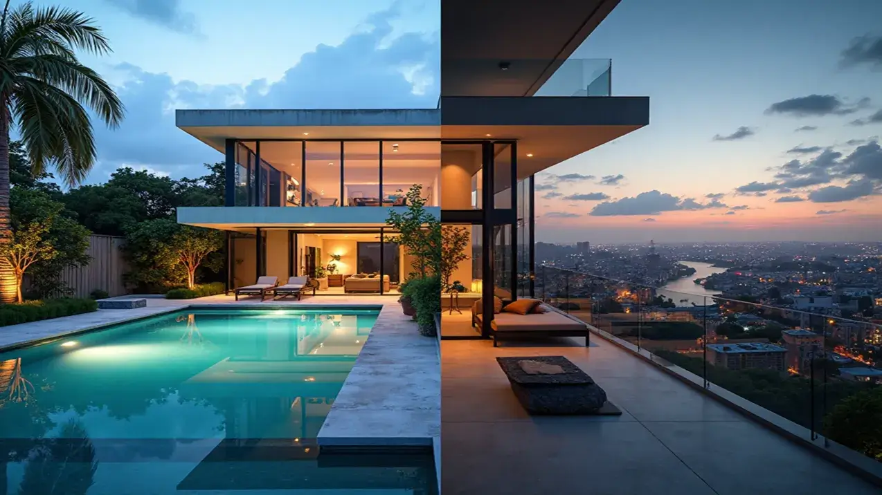 Imagem dividida comparando o estilo de vida de uma casa de alto padrão, com piscina e jardim, e um apartamento de luxo, com varanda e vista panorâmica da cidade ao anoitecer.