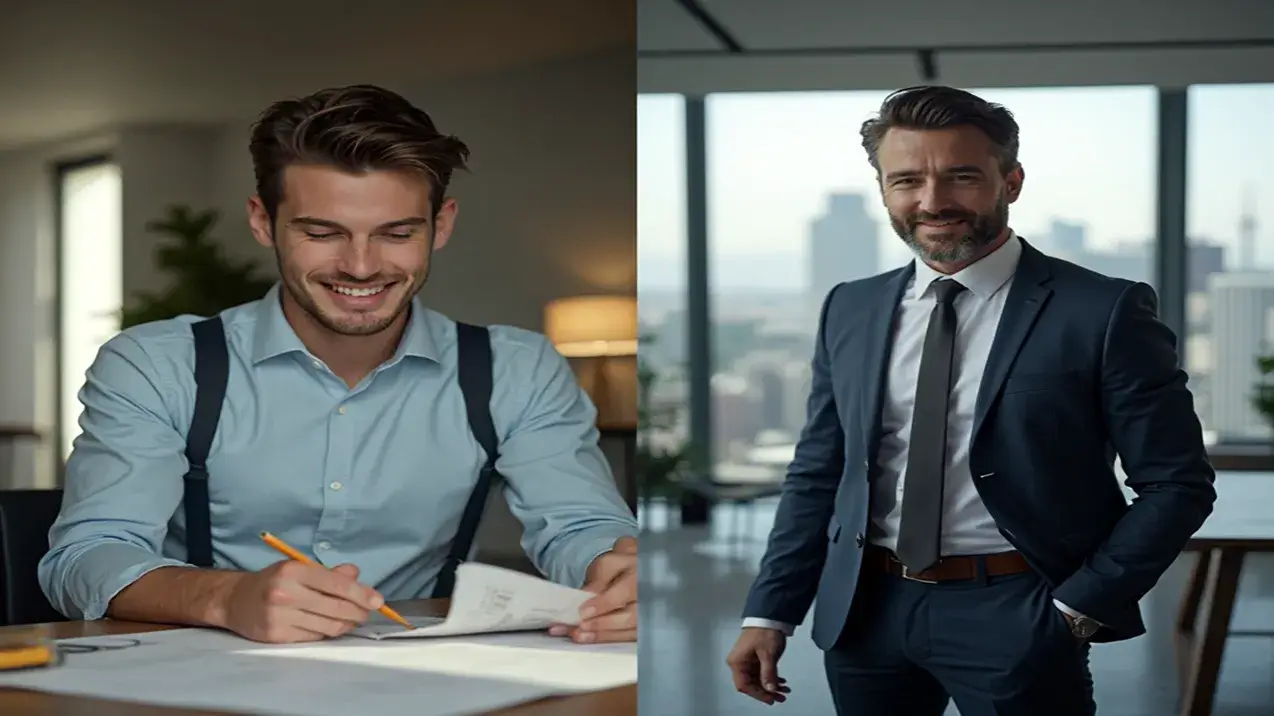 Comparativo visual da carreira de um corretor de imóveis: à esquerda, um corretor iniciante jovem e estudioso; à direita, um corretor experiente, bem-sucedido e confiante em um escritório de luxo.