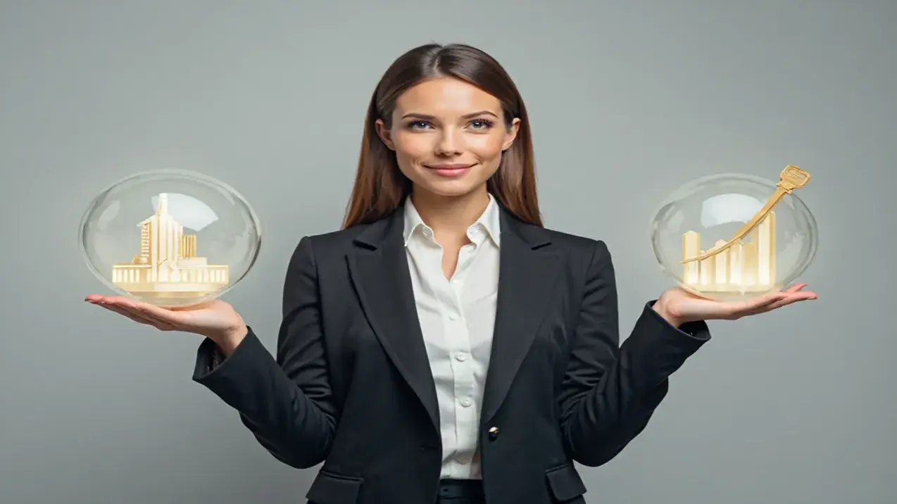 Mulher profissional decidindo entre ser corretora autônoma, representada por um gráfico de ganhos, ou trabalhar para uma imobiliária, representada por um prédio.