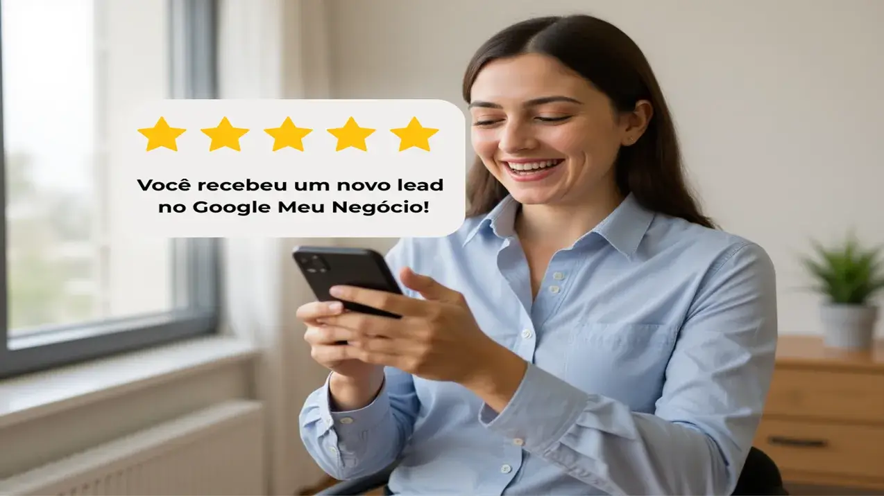 Corretora de imóveis sorrindo ao receber uma notificação de 'novo lead no Google Meu Negócio' em seu smartphone, demonstrando o sucesso de ter um perfil otimizado.