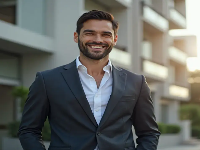 alt="Corretor de imóveis bem-sucedido sorrindo em frente a um prédio moderno, ilustrando o tema do post: Quanto Ganha um Corretor de Imóveis."