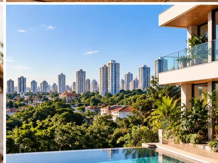 Vista urbana com edifícios residenciais, áreas verdes e varanda de uma casa moderna