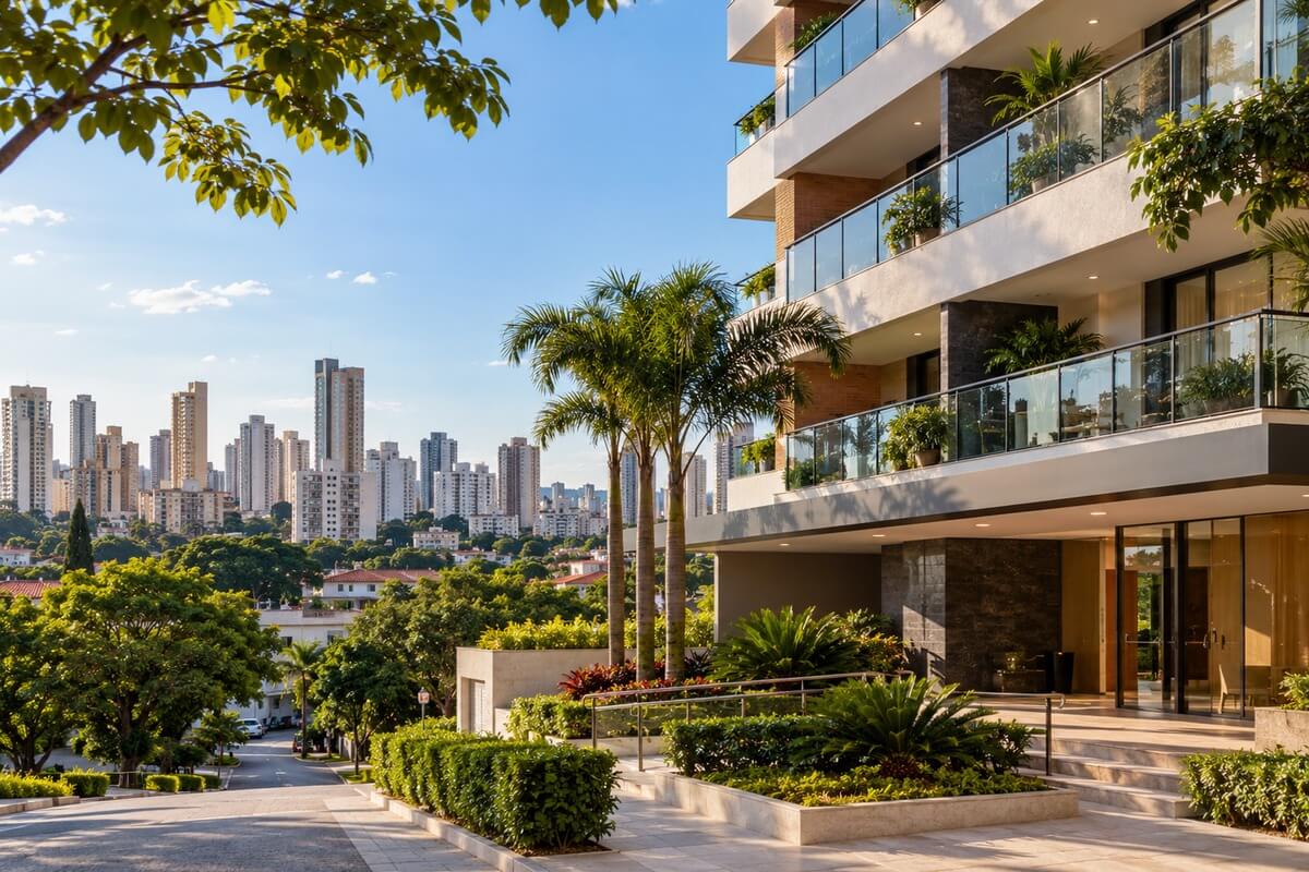 Edifício residencial moderno em Goiânia relacionado à locação de imóveis