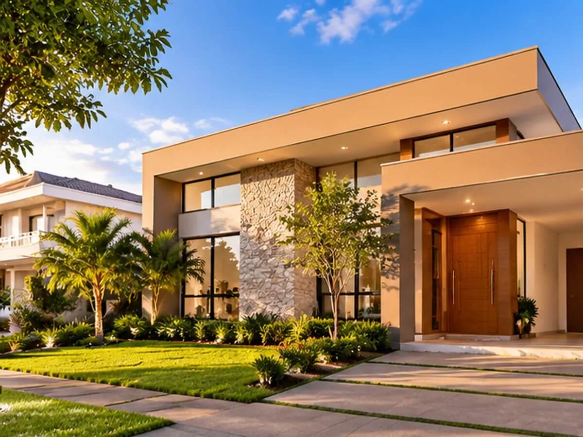 Casa moderna com jardim, fachada contemporânea e amplas janelas