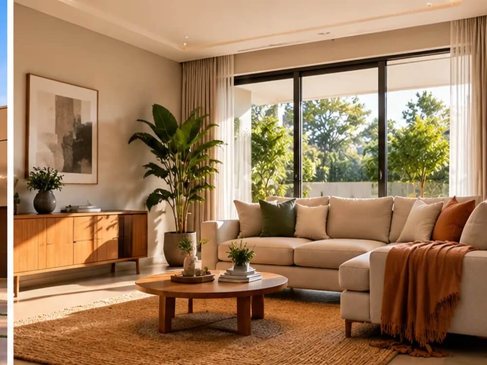 Sala de estar com sofá, móveis de madeira e iluminação natural